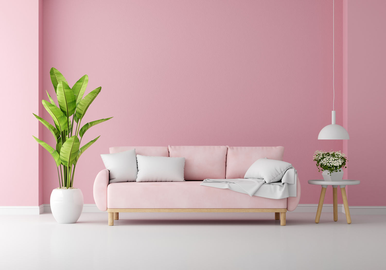 Pink sofa in pink living room with free space for mockup, 3D